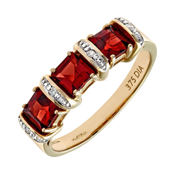 1.36ct Garnet 3-Stone Ring With Pave Set Diamonds In UK Hallmarked 9ct Yellow Gold
